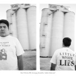 teenage boy in front of grain elevators wearing t-shirt that says Little White Lies, one image shows his front, one shows his back