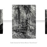 3 images: left on old woman standing outside, centre an old abandoned chair in the forest, right husked corn drying outside
