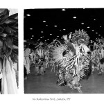 2 images, left head shot of young aboriginal man in traditional powwow attire, right same man dancing inside in front of a crowd