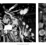 2 images, left profile shot of middle-aged aboriginal man in traditional powwow attire smoking a pipe, right head shot of same man