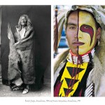 2 images, left Edward S. Curtis photograph of old man wrapped in a hide, right, headshot of young aboriginal man in regalia with face painted in red and yellow designs on his left side