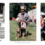 3 images of a middle aged aboriginal man, left in regular clothing leaning against a car, centre full body shot of him in traditional powwow attire, right image of him performing