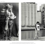 2 images, left archival image of older Indian man in traditional attire, right of young Aboriginal teen in contemporary attire in front of concrete grain stacks