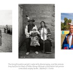 three images, left archival image of Indian family in turn of the century period clothing in front of fence and old buildings, centre Indian couple with baby in traditional attire, right picture of contemporary Aboriginal family with two teenage girls and father all dressed in powwow attire