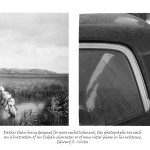 two images, left an archival photograph of Indian man on with headdress on horse drinking from river, right image of the back door and hood of a car with a sticker of an Indian man in headdress and the words Matador on the car
